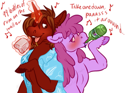 Size: 1043x770 | Tagged: safe, artist:cartoonlion, berry punch, berryshine, oc, oc:rum chaser, alcohol, blushing, canon x oc, clothes, drinking, hawaiian shirt, shipping, singing, unshorn fetlocks