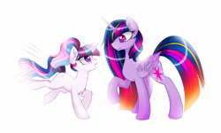 Size: 1600x960 | Tagged: safe, artist:magnaluna, derpibooru import, twilight sparkle, twilight sparkle (alicorn), oc, alicorn, pony, unicorn, chest fluff, duo, female, filly, heart eyes, magical lesbian spawn, mare, mother and child, mother and daughter, offspring, older, older twilight, open mouth, parent and child, parent:princess celestia, parent:twilight sparkle, parents:twilestia, raised hoof, simple background, ultimate twilight, white background, wingding eyes