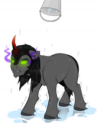 Size: 1500x1900 | Tagged: safe, artist:evehly, derpibooru import, king sombra, pony, unicorn, bucket, floppy ears, fluffy, frown, glowing eyes, shivering, solo, this will end in tears and/or death, unamused, wet, wide eyes