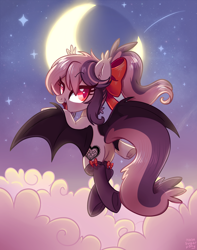 Size: 2600x3300 | Tagged: safe, artist:hawthornss, oc, oc only, oc:sweet velvet, bat pony, pony, clothes, cloud, cute, cute little fangs, ear fluff, fangs, flank, flying, looking at you, moon, socks, solo, stars, underhoof, wingding eyes