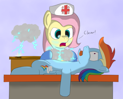 Size: 4044x3250 | Tagged: safe, artist:mkogwheel, derpibooru import, fluttershy, rainbow dash, pegasus, pony, blue background, cloud, defibrillator, duo, electricity, female, flutternurse, gloves, heart attack, hoof gloves, mare, nurse outfit, rubber gloves, simple background, tongue out