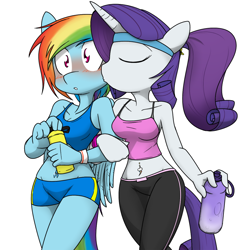 Size: 1004x1025 | Tagged: safe, artist:sandwich-anomaly, derpibooru import, rainbow dash, rarity, anthro, pegasus, unicorn, belly button, bellyring, blushing, clothes, eyes closed, female, kissing, lesbian, midriff, piercing, raridash, shipping, shorts, simple background, surprise kiss, surprised, tanktop, water bottle, white background, yoga pants