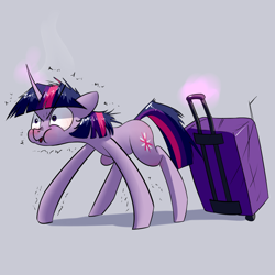 Size: 1200x1200 | Tagged: safe, artist:underpable, derpibooru import, twilight sparkle, unicorn twilight, pony, unicorn, :p, :t, angry, derpin daily, female, floppy ears, glare, magic, mare, messy mane, nose wrinkle, puffy cheeks, shivering, solo, straining, suitcase, telekinesis, tongue out, wide eyes