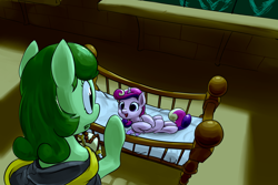 Size: 3000x2000 | Tagged: safe, artist:nadnerbd, derpibooru import, princess cadance, oc, oc:kale, alicorn, pony, fanfic:the first time you see her, crib, fanfic art, female, filly, younger