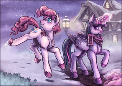 Size: 2724x1924 | Tagged: safe, artist:bantha, artist:chromaskunk, derpibooru import, pinkie pie, twilight sparkle, twilight sparkle (alicorn), alicorn, pony, colored, female, magic, mare, snow, snowfall, unshorn fetlocks