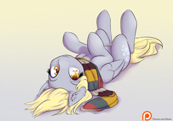 Size: 1600x1125 | Tagged: safe, artist:alasou, derpibooru import, derpy hooves, pegasus, pony, clothes, cute, derpabetes, ear fluff, female, looking at you, mare, on back, patreon, patreon logo, scarf, smiling, solo, upside down