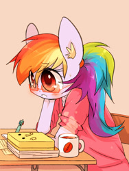 Size: 825x1100 | Tagged: safe, artist:joycall6, derpibooru import, rainbow dash, anthro, ambiguous facial structure, blushing, coffee, glasses, mug, pen, solo, studying