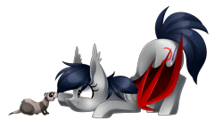 Size: 2846x1642 | Tagged: safe, artist:scarlet-spectrum, oc, oc only, oc:scarlet spectrum, bat pony, ferret, pony, boop, cute, simple background, solo, tattoo, transparent background