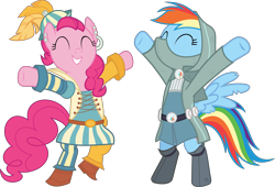 Size: 12645x8583 | Tagged: safe, artist:pink1ejack, pinkie pie, rainbow dash, earth pony, pegasus, pony, dungeons and discords, absurd resolution, bard, bard pie, bipedal, clothes, duo, eyes closed, fantasy class, happy, rainbow rogue, rogue, roleplaying, simple background, transparent background, vector