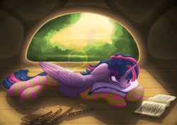 Size: 1024x724 | Tagged: safe, artist:crystallinepone, twilight sparkle, twilight sparkle (alicorn), alicorn, pony, book, clothes, floppy ears, lens flare, messy mane, morning ponies, pillow, prone, socks, solo, striped socks, sunrise, tree