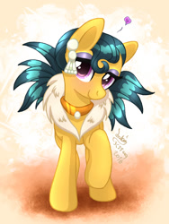 Size: 900x1200 | Tagged: safe, artist:joakaha, cleopatra jazz, dungeons and discords, blushing, heart, looking at you, raised hoof, signature, solo