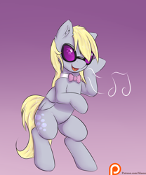 Size: 1250x1500 | Tagged: safe, artist:alasou, derpibooru import, derpy hooves, pony, accessory theft, bipedal, bowtie, cute, derpabetes, open mouth, patreon, patreon logo, solo, sunglasses, vinyl's glasses