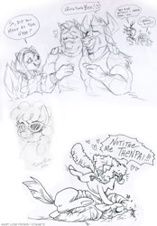 Size: 836x1200 | Tagged: safe, artist:blackspiritwolf, artist:kaemantis, derpibooru import, babs seed, bulk biceps, discord, fluttershy, iron will, rainbow dash, twist, anthro, eyepatch, monochrome, notice me senpai, senpai, sketch, traditional art