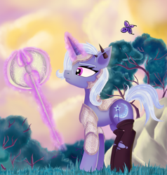 Size: 1150x1207 | Tagged: safe, artist:evescintilla, trixie, butterfly, pony, unicorn, armor, axe, battle axe, clothes, female, kneesocks, magic, mare, socks, solo, weapon