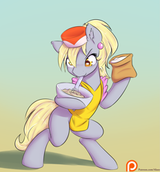 Size: 1325x1425 | Tagged: safe, artist:alasou, derpibooru import, derpy hooves, pony, accessory theft, apron, baking, bipedal, blushing, bowl, clothes, cute, derpabetes, earring, flour, hat, hoof hold, mixing bowl, mouth hold, patreon, patreon logo, piercing, smiling, solo, whisk