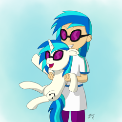 Size: 3240x3240 | Tagged: safe, artist:mkogwheel, derpibooru import, dj pon-3, vinyl scratch, human, pony, holding a pony, human ponidox, humanized