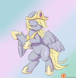 Size: 1700x1750 | Tagged: safe, artist:alasou, derpibooru import, derpy hooves, pegasus, pony, accessory theft, bipedal, crown, cute, derpabetes, eyes closed, horseshoes, implied princess celestia, jewelry, patreon, patreon logo, peytral, princess derpy, rearing, regalia, smiling, solo