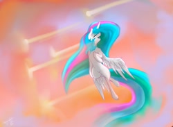 Size: 3000x2200 | Tagged: safe, artist:greyscaleart, derpibooru import, princess celestia, alicorn, pony, eyes closed, flying, smiling, solo