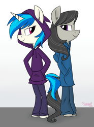 Size: 1024x1382 | Tagged: dead source, safe, artist:flourret, dj pon-3, octavia melody, vinyl scratch, anthro, earth pony, unguligrade anthro, unicorn, clothes, ear fluff, female, hands in pockets, hoodie, lidded eyes, mare, missing accessory, neck fluff, pants, signature, smiling, standing