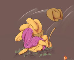 Size: 1665x1350 | Tagged: safe, artist:alasou, derpibooru import, scootaloo, backbend, crash, eyes closed, faceplant, flexible, hat, majestic as fuck, patreon, patreon logo, rope, scootacrash, solo, underhoof