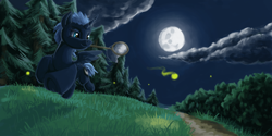 Size: 2000x1000 | Tagged: safe, artist:da-exile, princess luna, alicorn, firefly (insect), pony, atg 2016, butterfly net, cloud, female, forest, grass, missing accessory, moon, mouth hold, newbie artist training grounds, night, outdoors, running, s1 luna, sky, solo, stars, tree