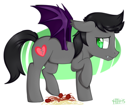 Size: 930x770 | Tagged: safe, artist:higglytownhero, derpibooru import, oc, oc only, oc:aux, bat pony, pony, male, solo, spaghetti, stallion