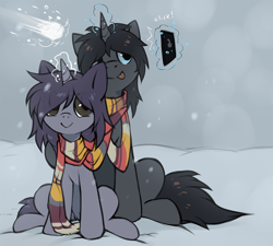 Size: 1074x967 | Tagged: safe, artist:hioshiru, oc, oc only, oc:kate, oc:max, pony, unicorn, :>, :p, clothes, cute, doctor who, duo, fourth doctor's scarf, glowing horn, levitation, magic, phone, scarf, selfie, shared clothing, shared scarf, sitting, smiling, snow, snowball, snowfall, telekinesis, tongue out