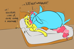 Size: 988x665 | Tagged: safe, artist:ross irving, carrot cake, cup cake, earth pony, pony, bed, colored sketch, fat, female, male, mare, obese, stallion, stuck, thick cup cake