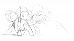 Size: 1600x900 | Tagged: safe, artist:envy, fluttershy, pinkie pie, earth pony, pegasus, pony, bump, duo, duo female, fat, fattershy, female, mare, monochrome, obese, sketch, stuck, tripping