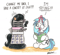 Size: 1667x1542 | Tagged: safe, artist:bobthedalek, dj pon-3, octavia melody, vinyl scratch, pony, unicorn, dalek, doctor who, magic, newbie artist training grounds, panic, species swap, spell gone wrong, traditional art, transformation