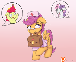 Size: 1650x1350 | Tagged: safe, artist:alasou, derpibooru import, apple bloom, scootaloo, sweetie belle, adorabloom, cute, cutealoo, cutie mark crusaders, diasweetes, fire, floppy ears, mouth hold, nurse, on fire, open mouth, patreon, patreon logo, pictogram, raised hoof, wide eyes