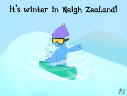 Size: 1280x960 | Tagged: safe, artist:mkogwheel, derpibooru import, trixie, pony, unicorn, 30 minute art challenge, female, goggles, mare, new zealand, snowboard, solo, winter