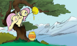 Size: 1232x738 | Tagged: safe, artist:envy, fluttershy, bee, pegasus, pony, beehive, fat, fattershy, female, floppy ears, honey, honey dipper, jar, mare, mouth hold, obese, smiling, solo, tree