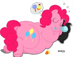 Size: 1280x993 | Tagged: safe, artist:bunearyk, pinkie pie, earth pony, pony, fat, female, mare, obese, piggy pie, pillow, pudgy pie, sleeping, snot bubble, solo, zzz