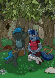 Size: 1000x1414 | Tagged: safe, artist:phoenixswift, oc, oc only, oc:heart song, oc:jade shine, anthro, crystal pony, pegasus, unguligrade anthro, anthro oc, arm behind head, armpits, blue eyes, clothes, crossed legs, duo, duo female, eyes closed, female, harp, jade shine's toolbelt, midriff, musical instrument, resting, shade, tanktop, toolbelt, tree