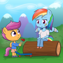 Size: 1000x1000 | Tagged: safe, artist:empyu, derpibooru import, rainbow dash, scootaloo, anthro, bandage, bandaid, chibi, injured, scooter