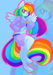 Size: 1540x2167 | Tagged: safe, artist:arachne149, derpibooru import, rainbow dash, anthro, pegasus, unguligrade anthro, belly button, clothes, grin, jacket, midriff, shorts, solo, tracksuit, wingding eyes, zoom layer