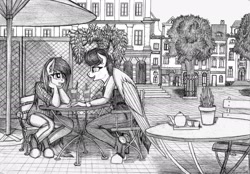 Size: 1645x1148 | Tagged: safe, artist:mach-volt, oc, oc only, oc:rain dancer, oc:summer breeze, anthro, earth pony, pegasus, anthro oc, building, cafe, city, lunch, monochrome, sketch, talking, traditional art