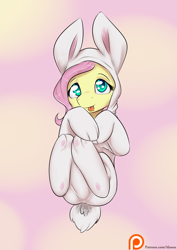 Size: 1100x1550 | Tagged: safe, artist:alasou, derpibooru import, fluttershy, pegasus, pony, :p, bunny costume, clothes, costume, cute, kigurumi, looking at you, on back, patreon, patreon logo, shyabetes, smiling, solo, tongue out