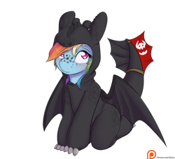 Size: 1650x1500 | Tagged: safe, artist:alasou, derpibooru import, rainbow dash, pegasus, pony, semi-anthro, clothes, costume, cute, dashabetes, freckles, how to train your dragon, kigurumi, kneeling, looking at you, patreon, patreon logo, simple background, smiling, solo, spread wings, toothless the dragon, transparent background