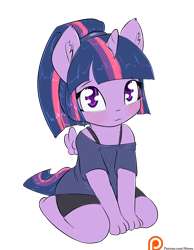 Size: 1050x1350 | Tagged: safe, artist:alasou, derpibooru import, twilight sparkle, twilight sparkle (alicorn), anthro, plantigrade anthro, :3, alternate hairstyle, chibi, clothes, cute, kneeling, looking at you, looking up, patreon, patreon logo, ponytail, shirt, simple background, solo, transparent background, twiabetes, twilight cat