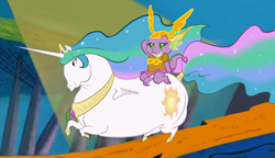 Size: 1400x806 | Tagged: safe, artist:php27, princess celestia, spike, alicorn, dragon, pony, chubbylestia, clothes, crossdressing, crossover, dragons riding ponies, duo, fat, female, looney tunes, male, mare, morbidly obese, obese, riding, wat, what's opera doc