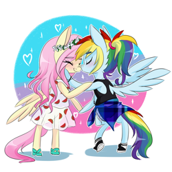 Size: 900x900 | Tagged: safe, artist:silbersternenlicht, derpibooru import, fluttershy, rainbow dash, anthro, semi-anthro, clothes, dress, female, flutterdash, kissing, lesbian, shipping