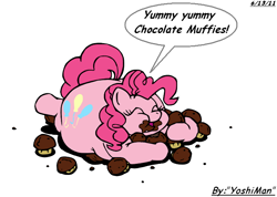 Size: 722x515 | Tagged: safe, artist:yoshiman1118, pinkie pie, earth pony, pony, chubby, chubby cheeks, fat, messy eating, muffin, obese, piggy pie, pudgy pie