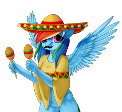 Size: 1081x991 | Tagged: safe, artist:ponyinsideme, derpibooru import, rainbow dash, anthro, clothes, featureless crotch, maracas, mexico, mousdash, moustache, musical instrument, poncho, solo, sombrero