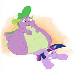 Size: 1280x1184 | Tagged: safe, artist:samael, spike, twilight sparkle, dragon, bhm, crushing, fat, fat spike, flattened, morbidly obese, obese, sitting