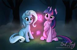 Size: 3042x1972 | Tagged: safe, artist:starshinebeast, trixie, twilight sparkle, twilight sparkle (alicorn), alicorn, butterfly, pony, female, forest, lesbian, magic, mare, shipping, twixie