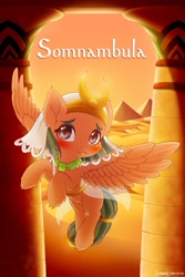 Size: 1280x1920 | Tagged: safe, artist:symbianl, somnambula, pegasus, :p, archway, blushing, cute, egyptian, egyptian pony, female, filly, filly somnambula, flying, hoof fluff, pyramid, solo, somnambetes, tongue out