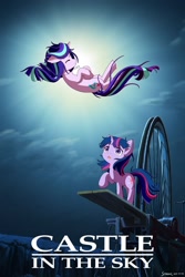 Size: 1280x1920 | Tagged: safe, artist:symbianl, starlight glimmer, twilight sparkle, unicorn twilight, pony, unicorn, castle in the sky, crossover, duo, female, jewelry, levitation, magic, mare, necklace, parody, studio ghibli, telekinesis