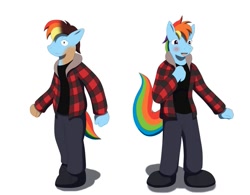 Size: 1011x790 | Tagged: safe, artist:phoenixwulf, artist:wolfeenix, artist:wolferion, derpibooru import, rainbow dash, anthro, human, human to anthro, human to pony, rule 63, simple background, solo, transformation, transformation sequence, transgender transformation